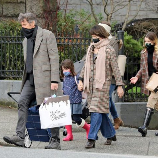 Milla Jovovich with her husband and daughters on a walk-in Vancouver