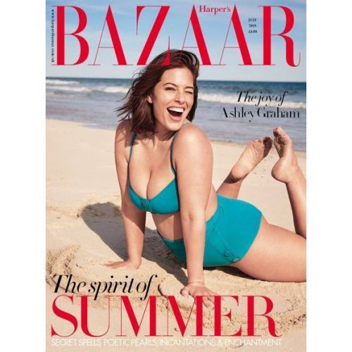 Ashley Graham, in a retro bikini, poses on the cover of Harper's Bazaar
